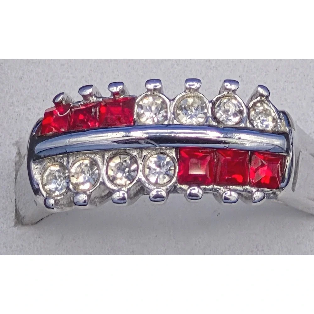 Vintage Ring Size 8 Silver Tone Red Clear Stone Dual Row Statement Band